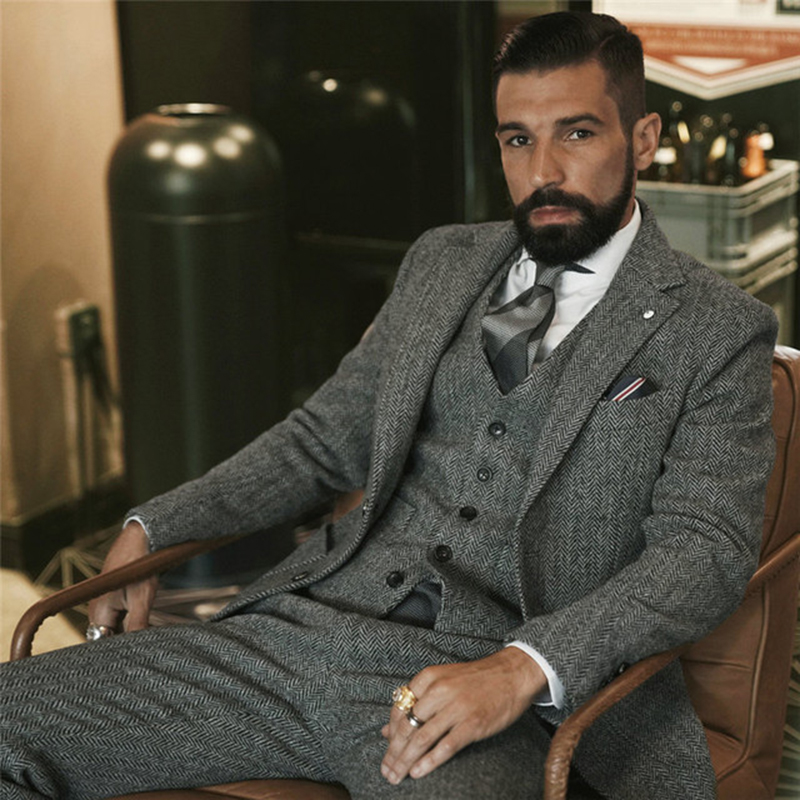 Men Formal Wear Vest - Gray Wool Tweed Winter Suit for
