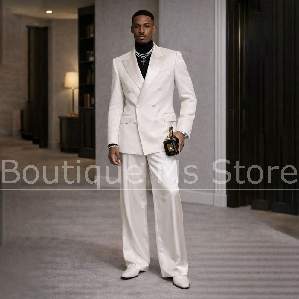 Men's White Satin Suit 2 Piece - Men Formal Wear For Wedding 评论和价格