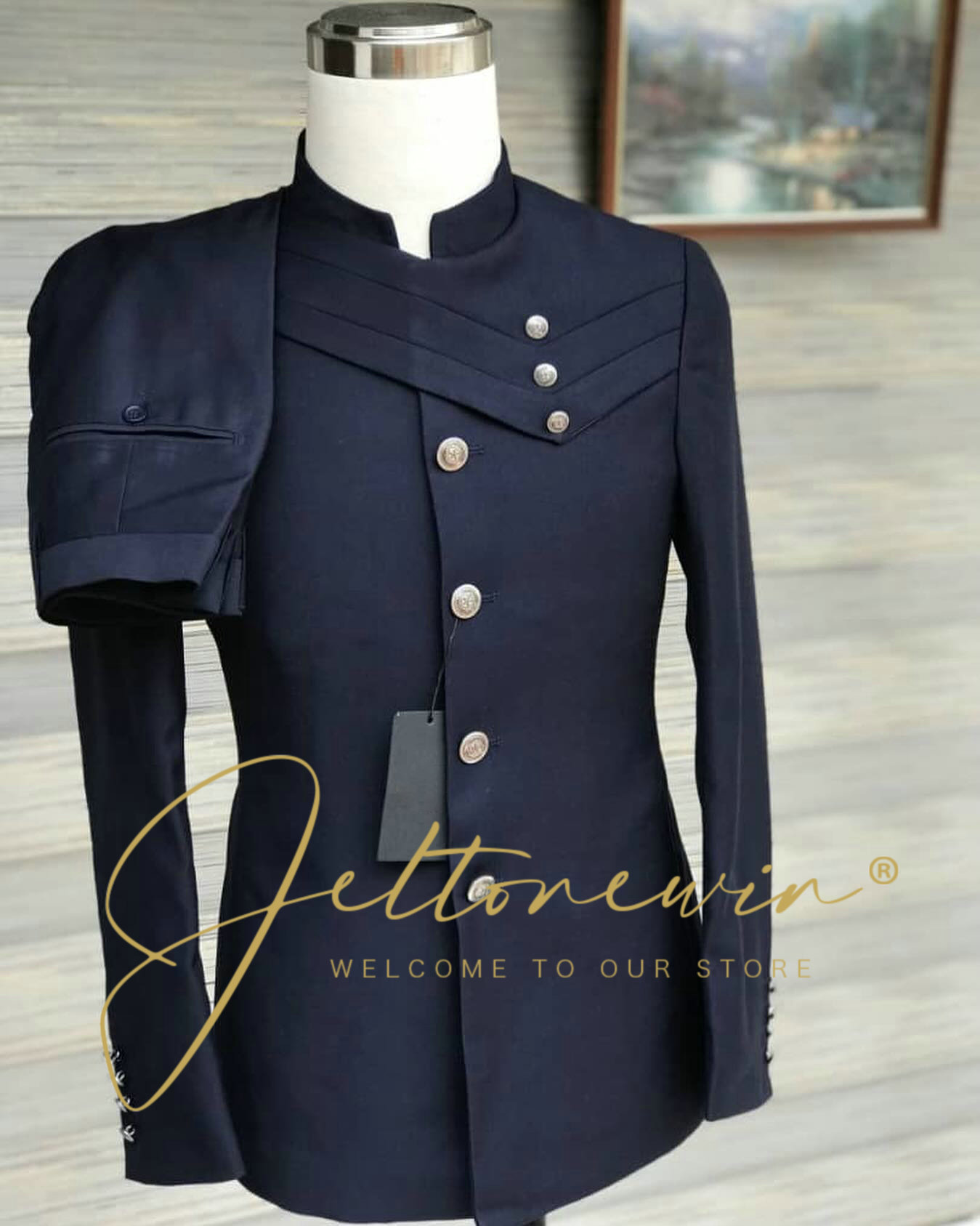 Men's Navy Blue Suit Set with  - Men Formal Wear For Wedding 评论和价格