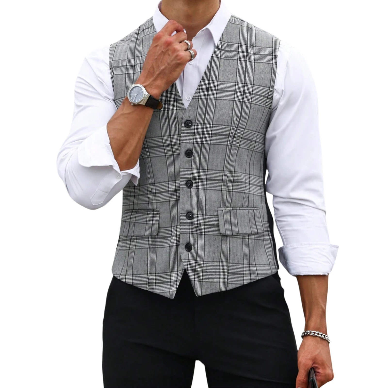 Men Grey Plaid Suit Vest Slim  - Men Formal Wear Vest 评论和价格