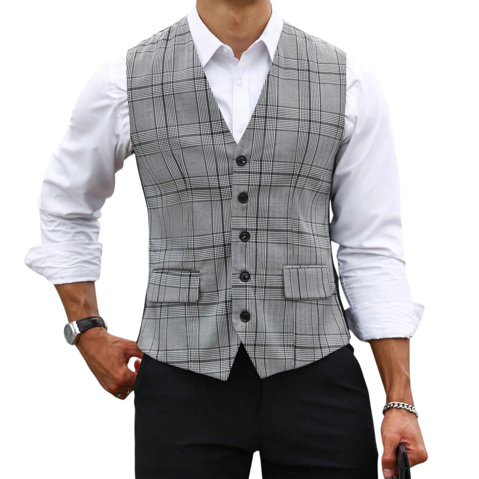 Men Grey Plaid Suit Vest Slim  - Men Formal Wear Vest 评论和价格