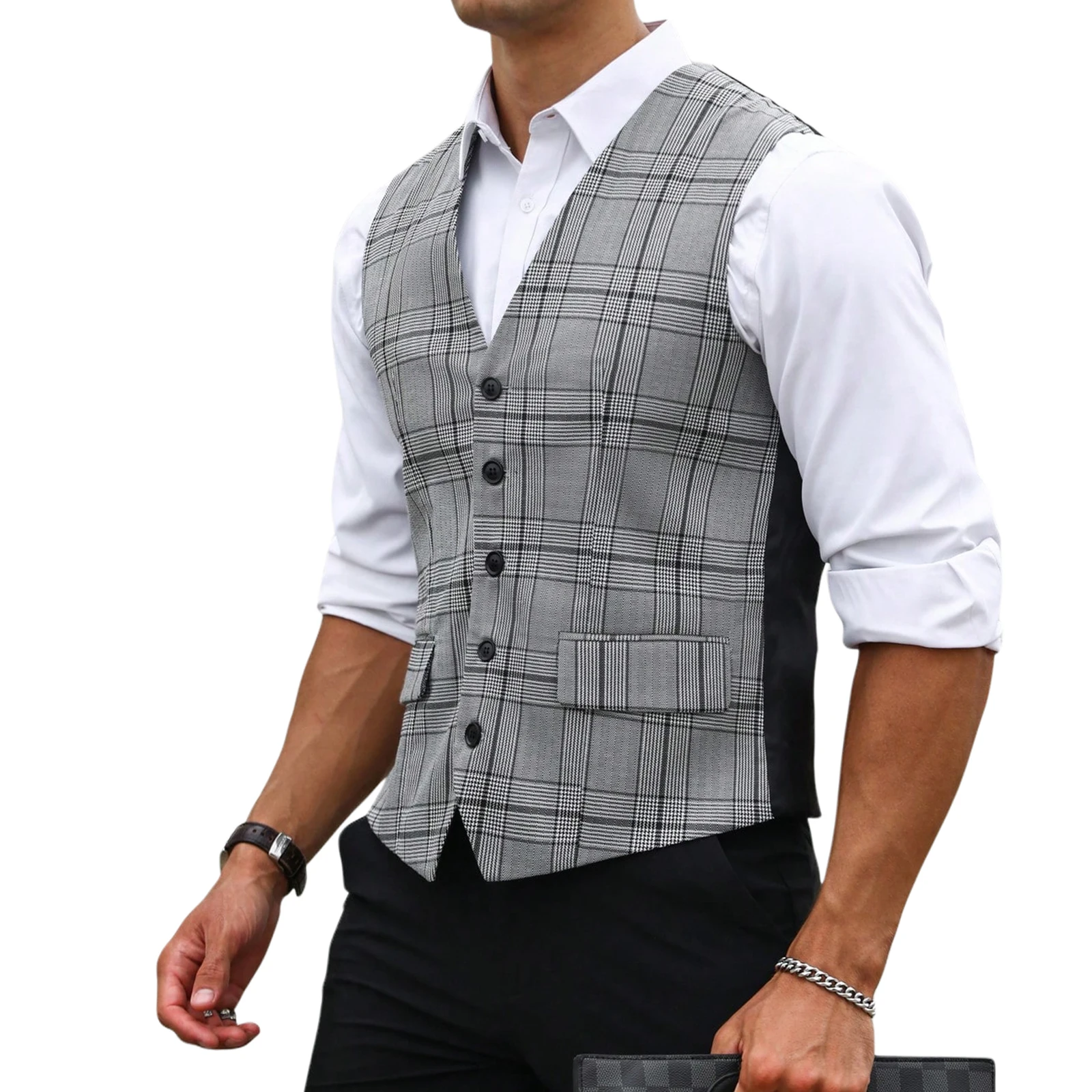 Men Grey Plaid Suit Vest Slim  - Men Formal Wear Vest 评论和价格