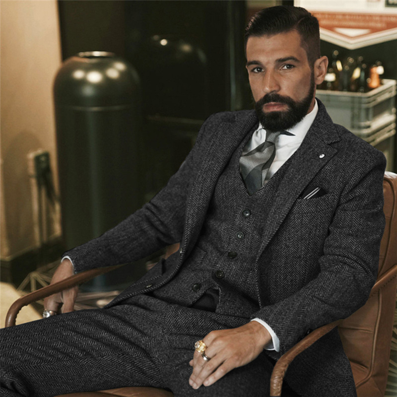 Gray Wool Tweed Winter Suit fo - Men Formal Wear Vest 评论和价格